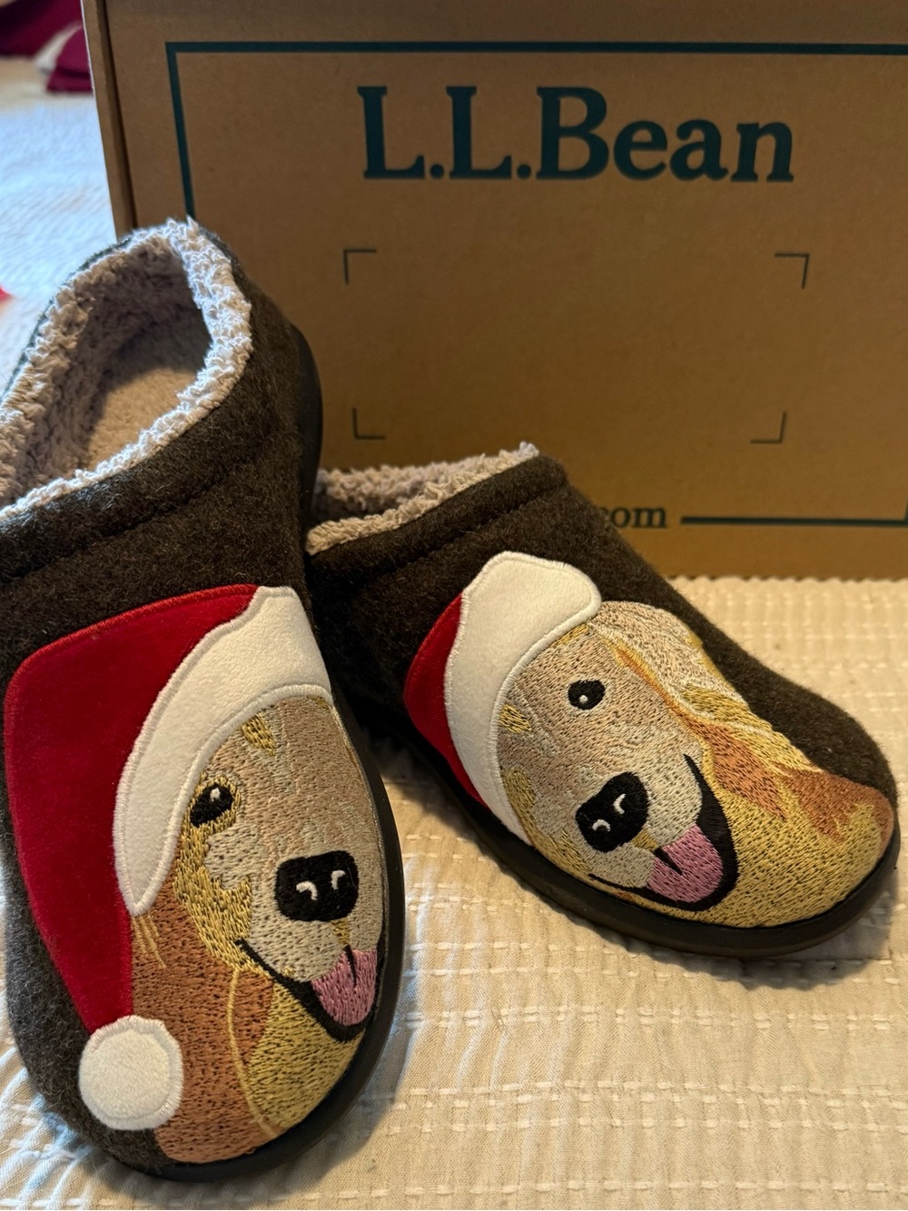 L.L. Bean Women’s Brown Slippers with Golden Retriever in Red Santa Hat